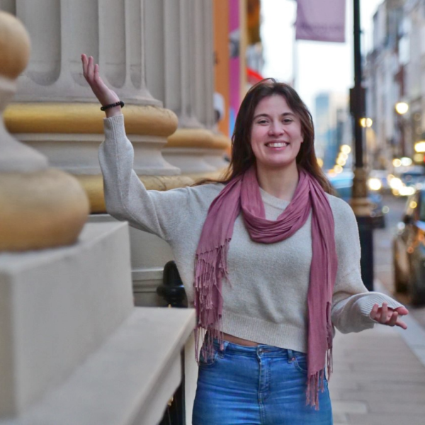 Charlotte outside the Royal Institution building in London