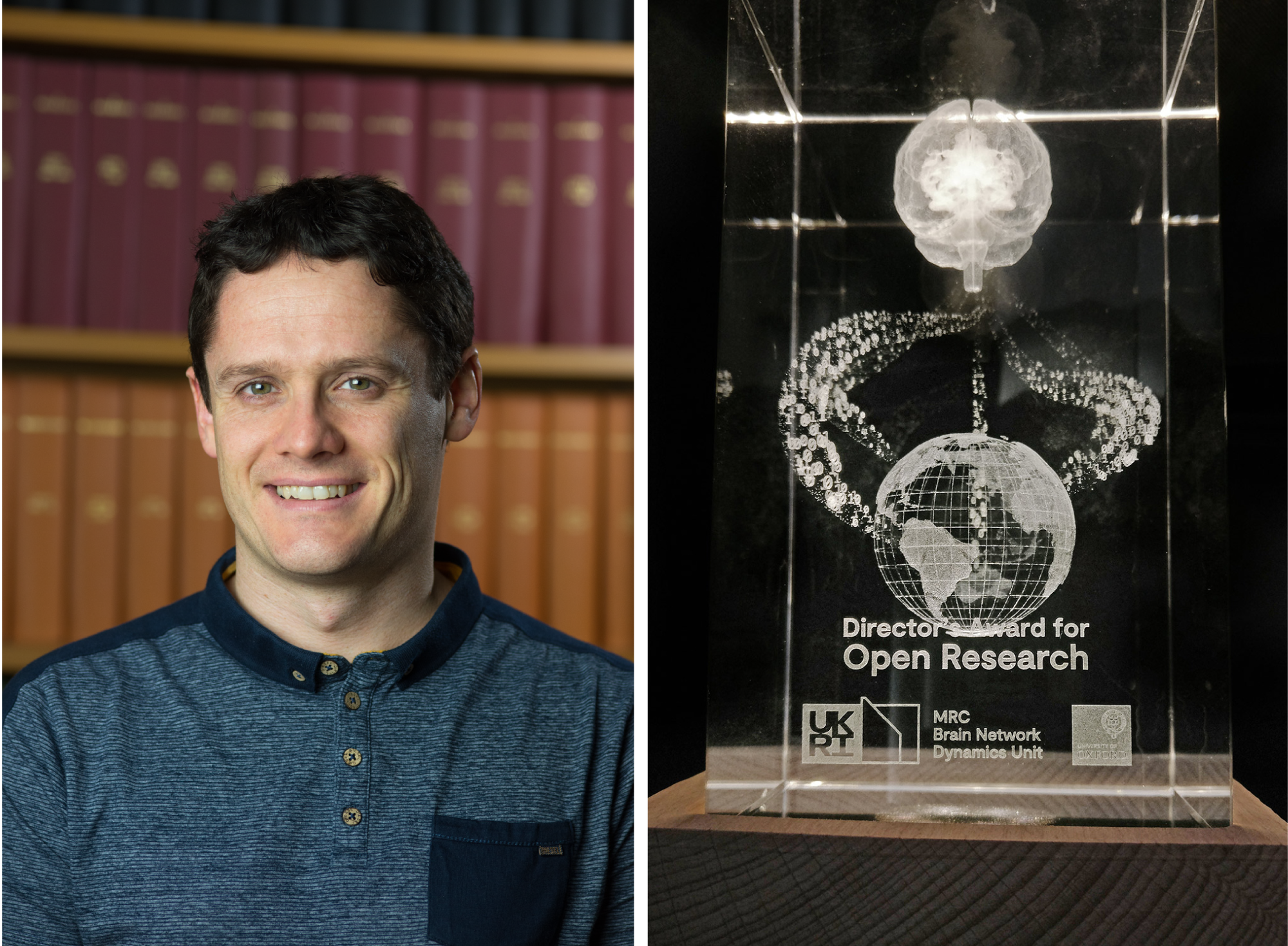 Left, portrait photo of Dr Colin McNamara. Right, photo of the Award for Open Research.