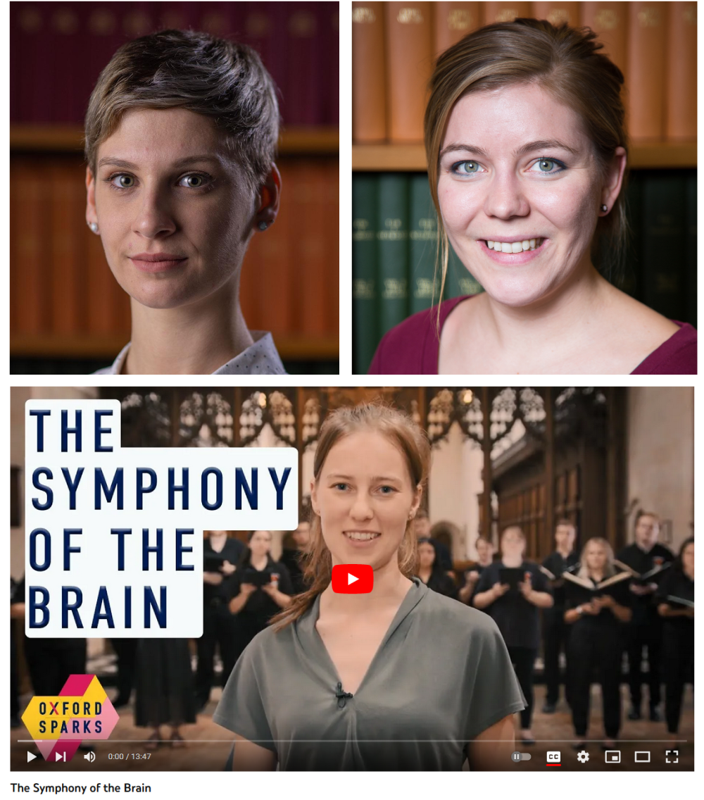 Portrait photos of Camille Lasbareilles (left, top) and Natalie Doig (right, top), and a screenshot from the Symphony of the Brain video (bottom).