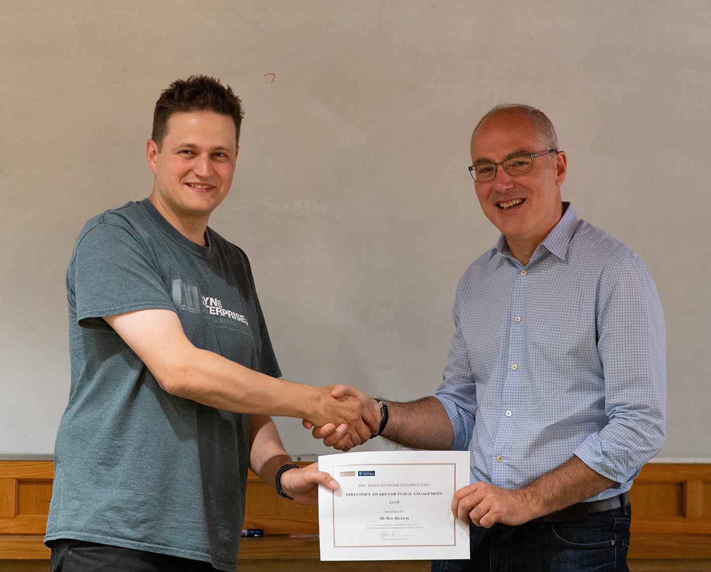 Professor Peter Brown (right) with Mr Ben Micklem (left), winner of the Director’s Award for Public Engagement for 2018. Professor Peter Brown (right) with Mr Ben Micklem (left), winner of the Director’s Award for Public Engagement for 2018.